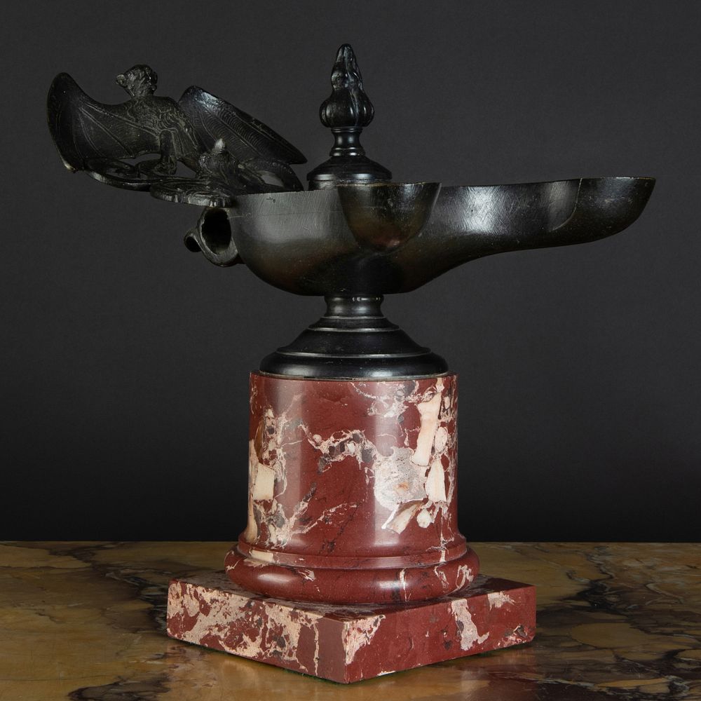 Appraisal: Large Italian Bronze and Marble Oil Lamp in the Pompeiian