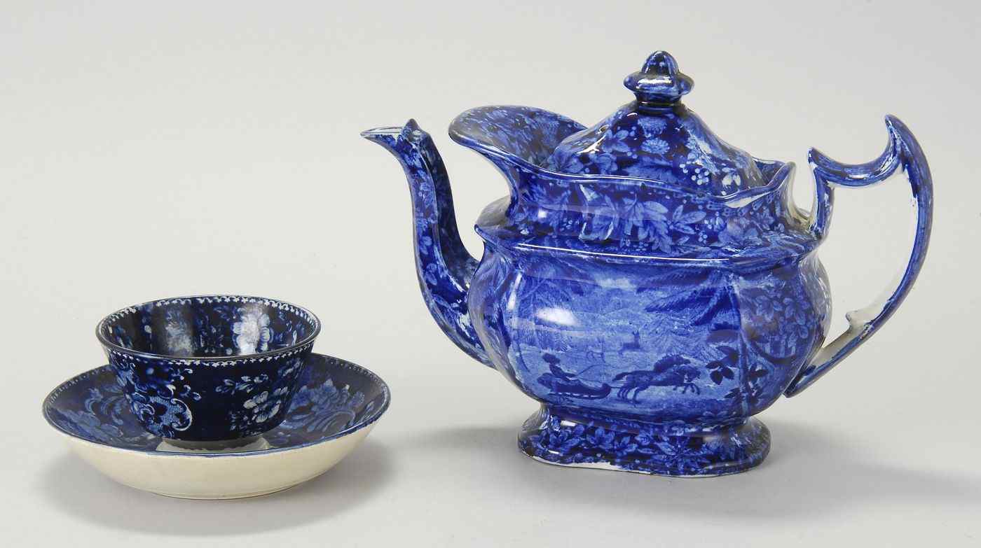 Appraisal: DARK BLUE HISTORICAL STAFFORDSHIRE TEAPOT th CenturyTogether with a cup