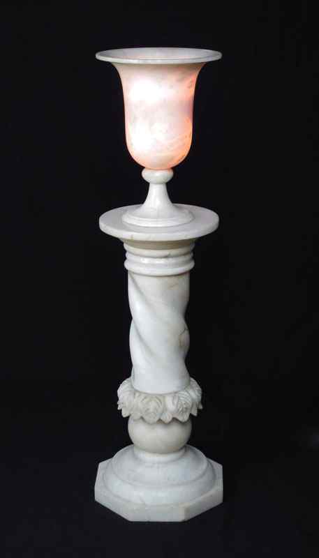 Appraisal: ALABASTER PEDESTAL AND URN TORCHIERE LAMP Carved white pedestal sold