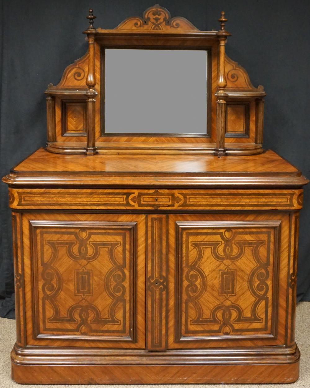 Appraisal: WILLIAM IV STYLE MARQUETRY AND PARQUETRY TWO-PART MIRRORED BACK SERVER