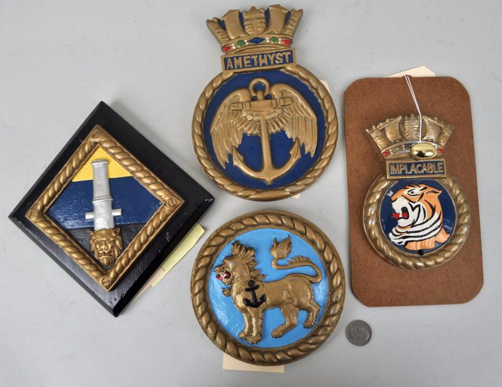 Appraisal: Four Painted Metal Ship's Badges for HMS Woolwich Implacable Amethyst