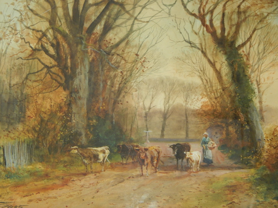 Appraisal: Henry Charles Fox - Cattle on country lane watercolour signed