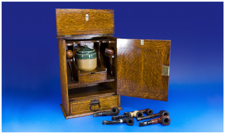 Appraisal: Victorian Oak Pipe Inlaid Smokers Cabinet Fitted interior with pipe