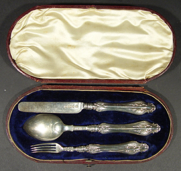 Appraisal: Victorian three piece silver christening flatware set in a velvet