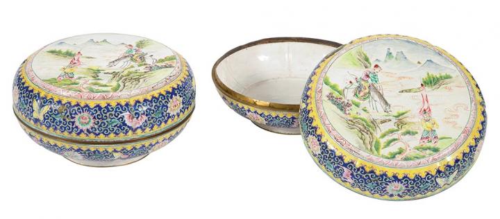 Appraisal: Pair of Chinese Enamel Boxes Each of circular form depicting