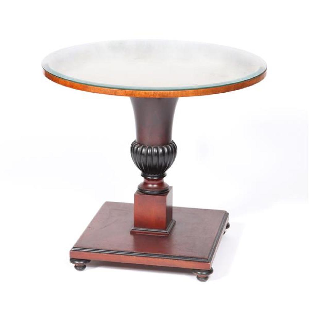 Appraisal: CARVED MAHOGANY PEDESTAL SIDE TABLE WITH GLASS TOP Carved mahogany