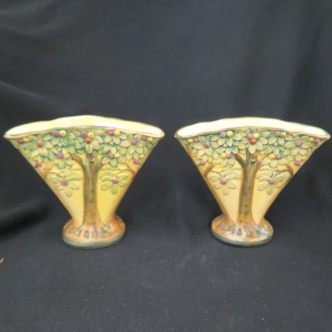 Appraisal: Pair of Weller Art Pottery Fan Vases tree on yellow