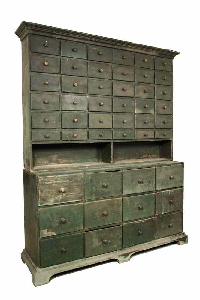 Appraisal: APOTHECARY CABINET - Early soft wood Apothecary Cabinet in green