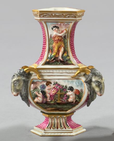 Appraisal: Capodimonte Triple Goat Masque-Handled Porcelain Garniture Vase first quarter th