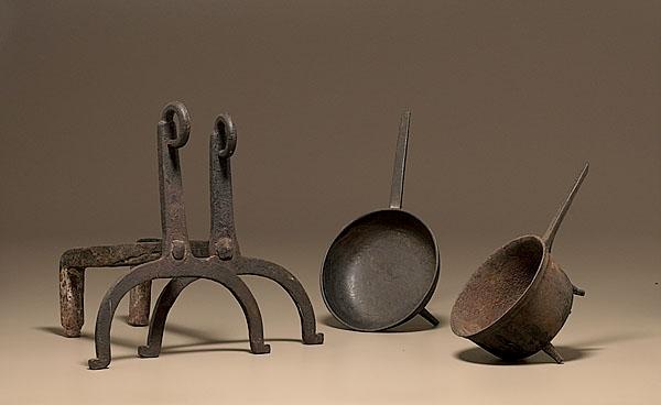 Appraisal: WROUGHT IRON ANDIRONS AND POTS American early th century Set