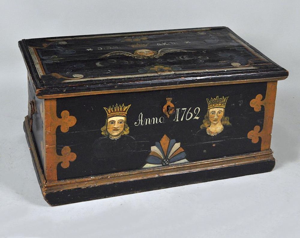 Appraisal: English Early Painted Blanket Chest lid with crown and cherub