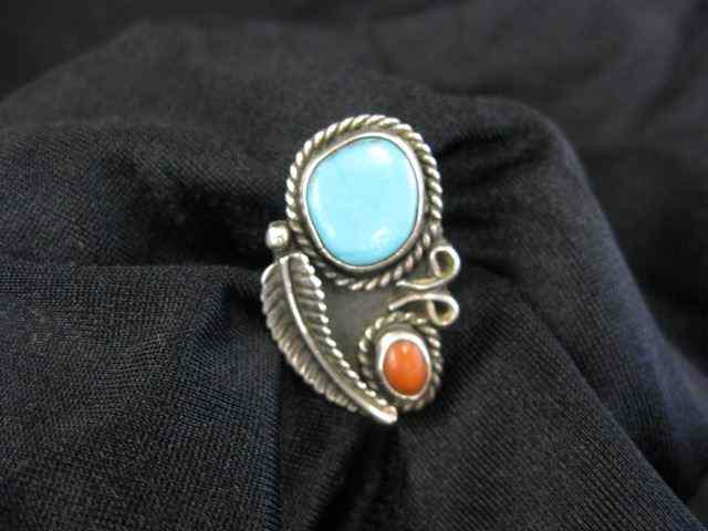 Appraisal: Turquoise Coral Indian Ring Navajo - '' long