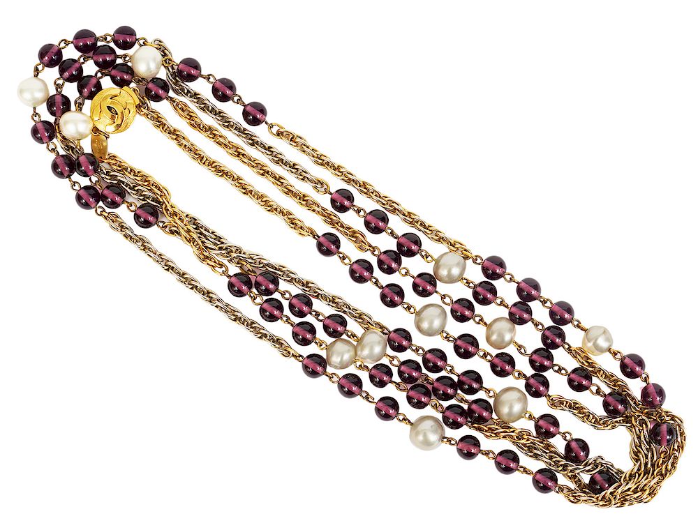 Appraisal: Chanel Pearl and Amethyst Gold Sautoire Necklace Chanel sautoire in