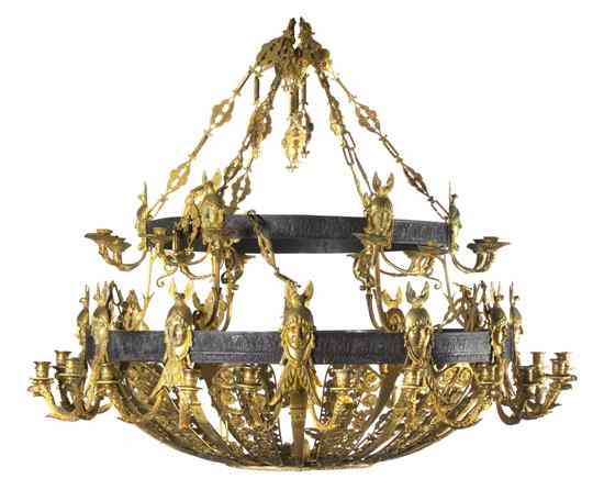 Appraisal: A Pair of Empire Gilt Bronze and Steel Thirty-Six-Light Chandeliers