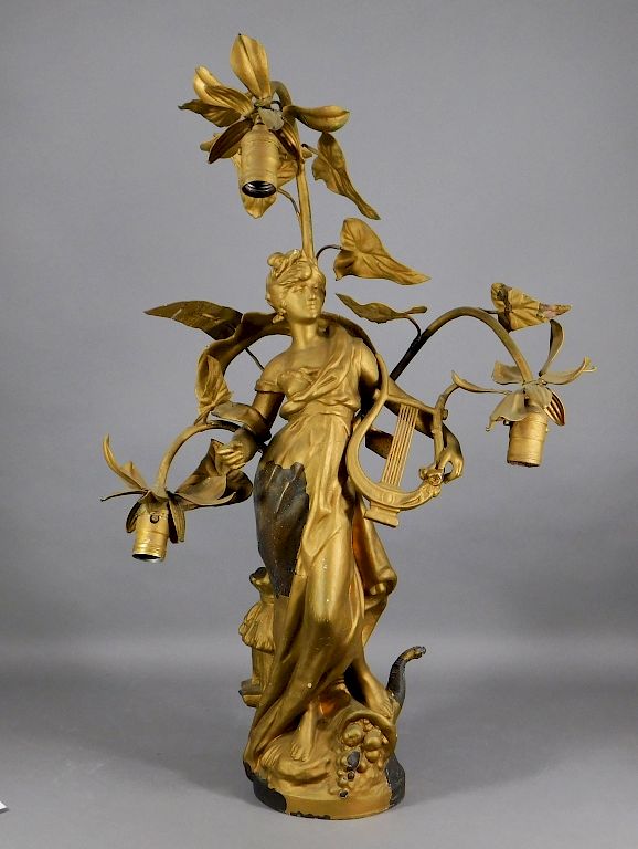 Appraisal: C French Spelter Figural Nymph Newel Post Lamp France Late