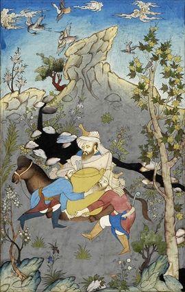 Appraisal: THREE PERSIAN MANUSCRIPT MINIATURES Showing a bird shoot figures loading