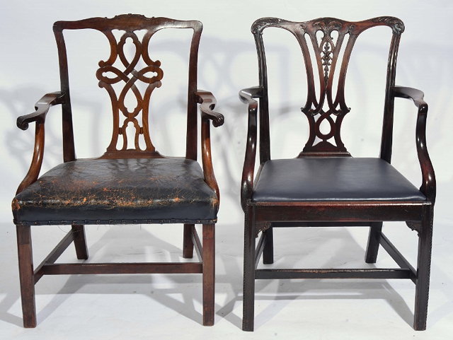 Appraisal: TWO GEORGE III MAHOGANY ARMCHAIRS with ribbon and foliate splat