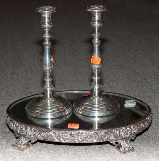 Appraisal: Pair of Gorham sterling weighted candlesticks and a silver-plate mirror