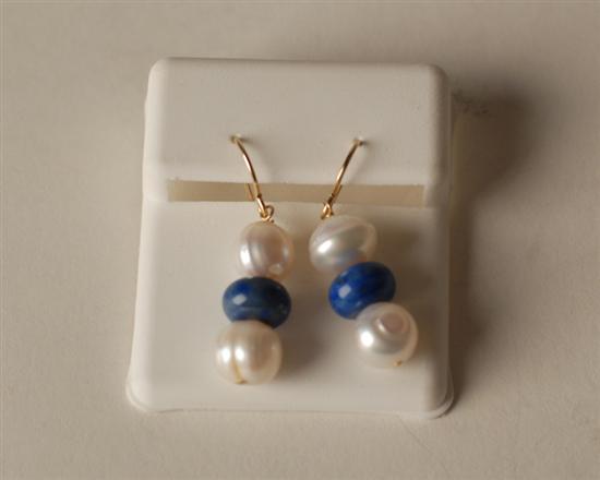 Appraisal: A Pair of Cultured Pearl and Lapis Bead Earrings on