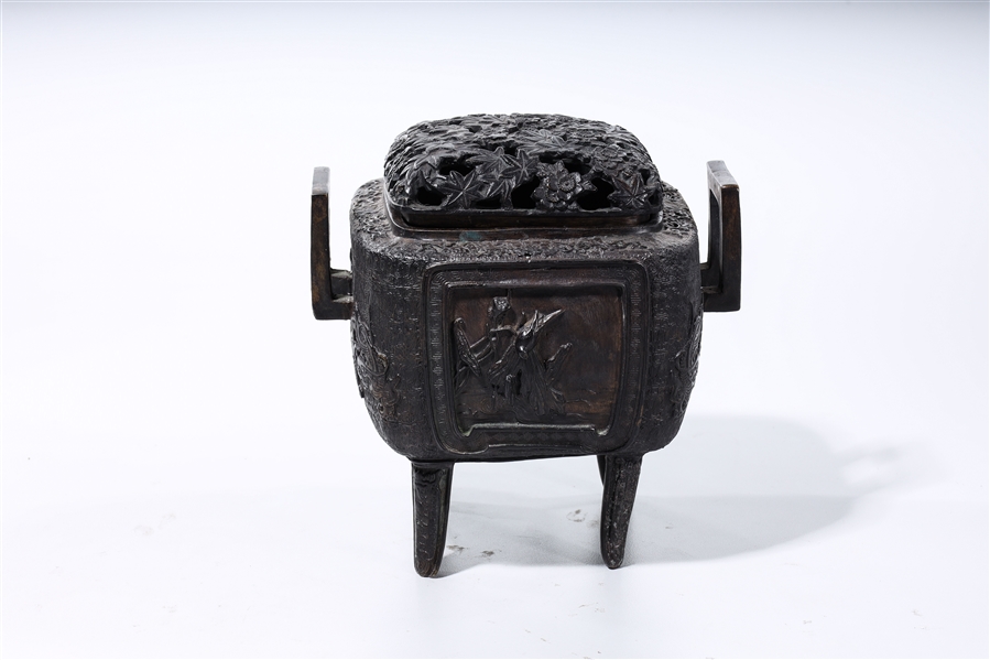 Appraisal: Chinese bronze square-form covered censer with figural and bird scenes