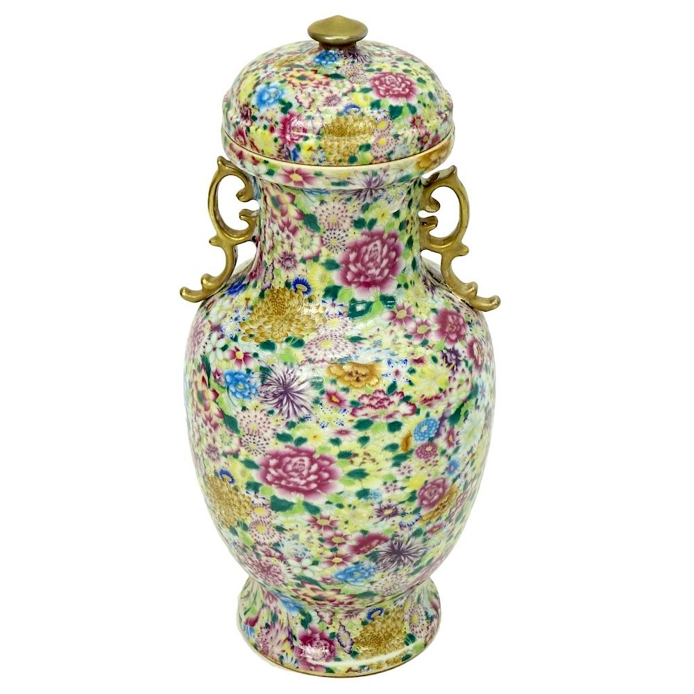 Appraisal: Chinese Famille Rose Mille Fleur Covered Vase Chinese Famille Rose