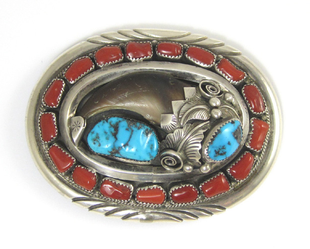 Appraisal: SOUTHWEST STERLING SILVER BELT BUCKLE inset with coral and turquoise