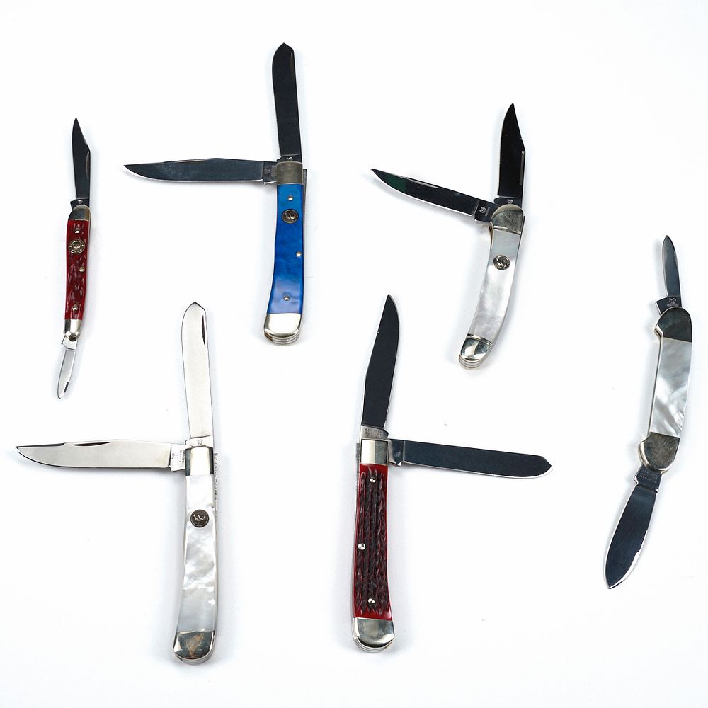 Appraisal: Grp Bertram Hen Rooster Folding Knives Carl Bertram founder of