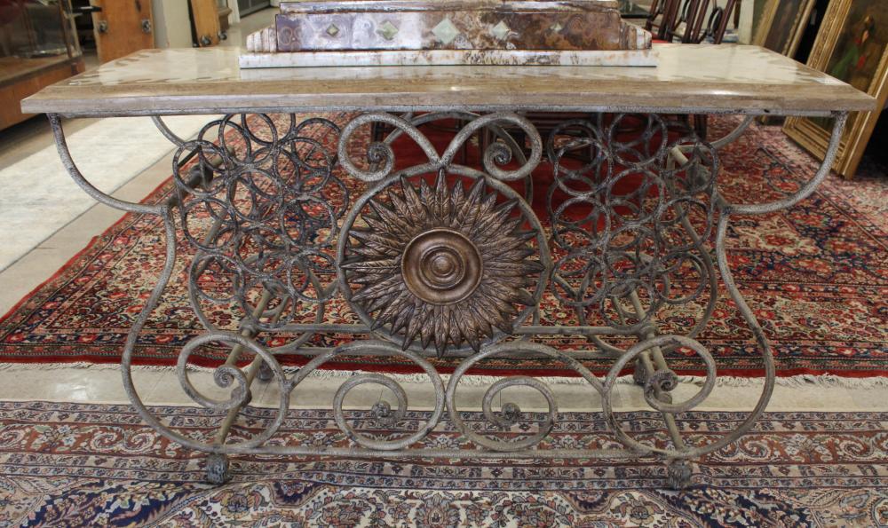 Appraisal: MARBLE-TOP IRON CONSOLE WINE TABLE recent production having a rectangular