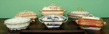 Appraisal: THREE ENGLISH TRANSFER-PRINTED AND POLYCHROMED IRONSTONE COVERED VEGETABLE DISHES One