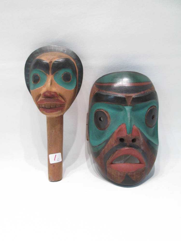 Appraisal: NORTHWEST NATIVE AMERICAN COASTAL WOOD MASK AND RATTLE carved and