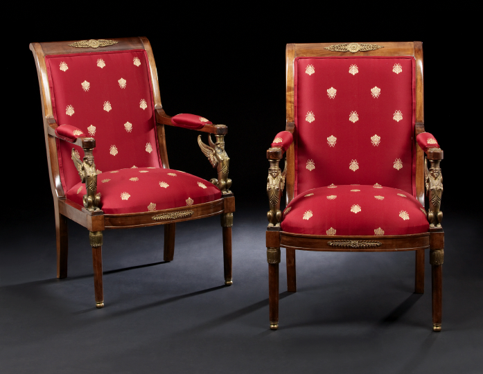 Appraisal: Pair of Empire-Style Ormolu-Mounted Mahogany Fauteuils third quarter th century