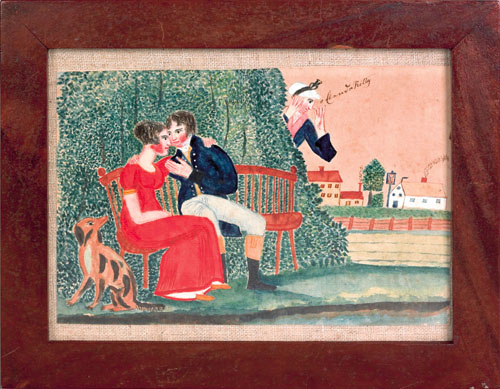 Appraisal: Pennsylvania watercolor and ink on paper courting scene th c