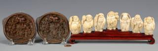 Appraisal: Ivory Immortals Lacquer Fruit Set of Japanese carved ivory immortal