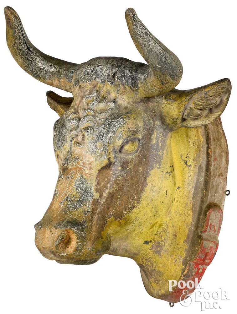 Appraisal: Painted zinc cow head trade sign th c Painted zinc