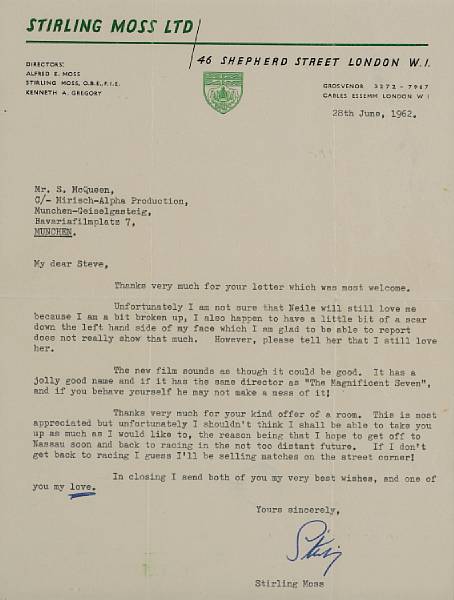 Appraisal: A letter from Stirling Moss dated th June on letter-headed