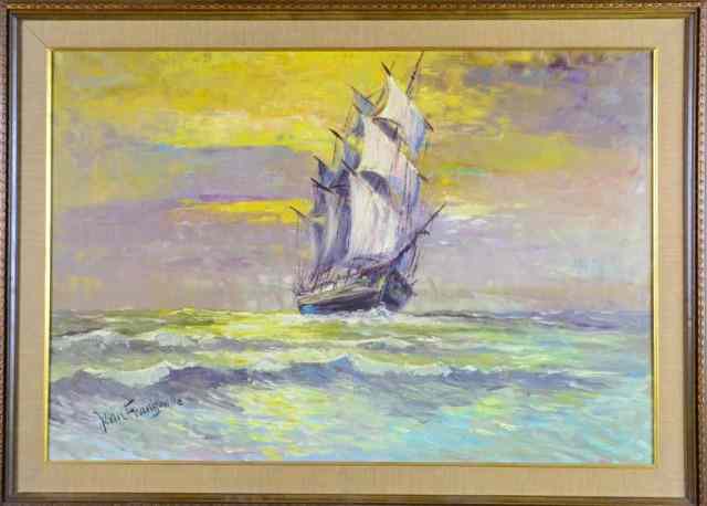 Appraisal: SIGNED JEAN FRANGEVILLE OIL PAINTINGSeascape depicting ship at sea Signed