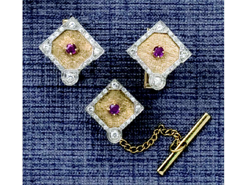 Appraisal: DIAMOND AND RUBY CUFF LINKS AND TIE TACK Baseball diamond