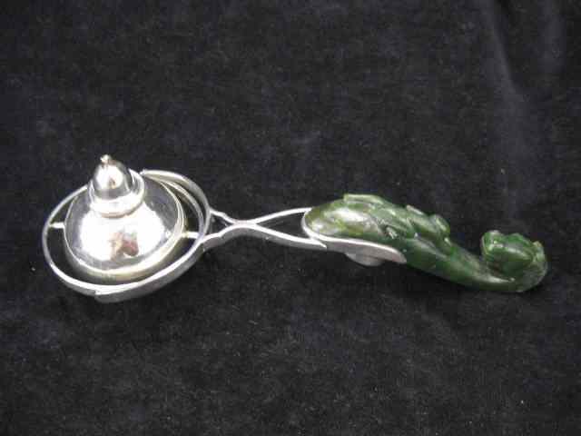 Appraisal: Carved Jade Sterling Silver Cigar Lightersigned Gumps gimbeled alcohol burner