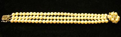 Appraisal: karat yellow gold and pearl braceletTriple pink luster pearl strand