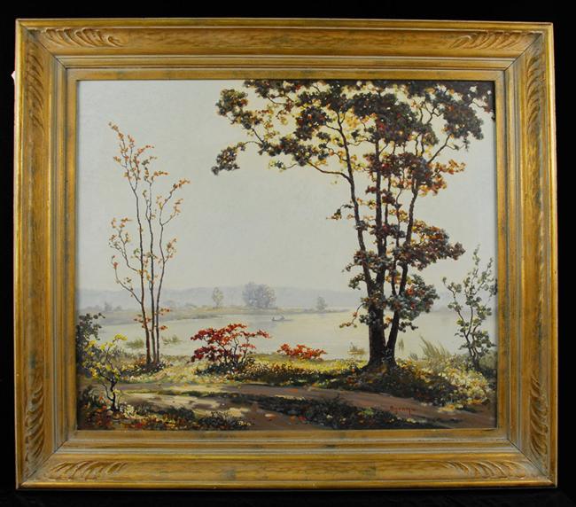 Appraisal: RUTHVEN HOLMES BYRUM American - AUTUMN LAKE WITH FIGURES ROWING