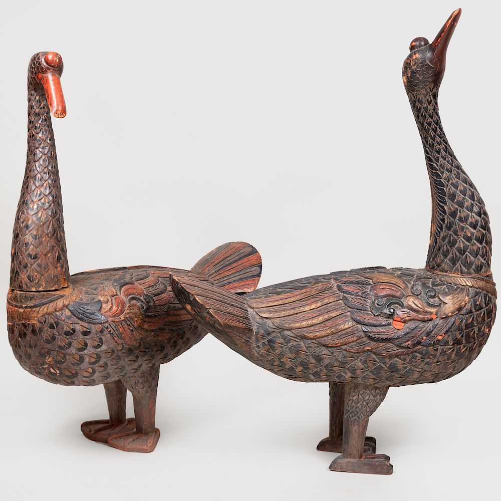 Appraisal: Two Carved and Polychrome Decorated Indonesian Geese Each in two