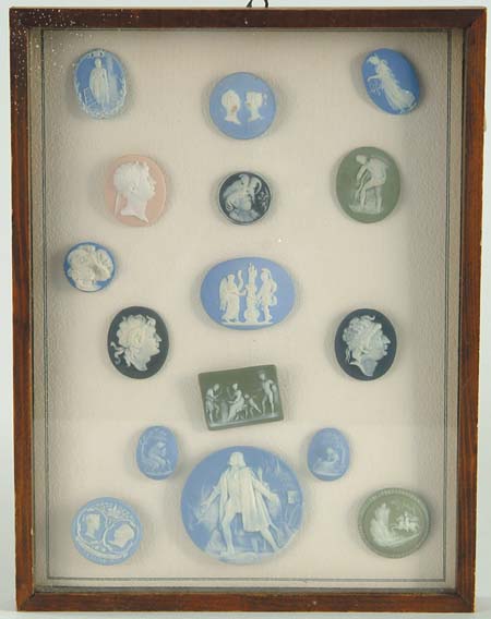 Appraisal: SMALL COLLECTION OF SIXTEEN FRAMED JASPERWARE CAMEOS Housed in a