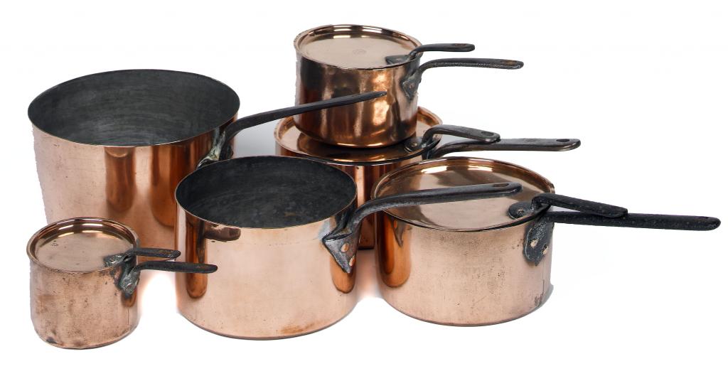 Appraisal: SIX VICTORIAN COPPER SAUCEPANS including four with lid all with