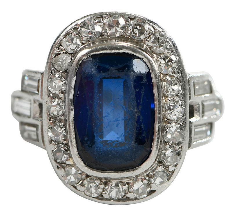 Appraisal: Antique Platinum Gemstone Ring center rectangle cushion cut synthetic sapphire