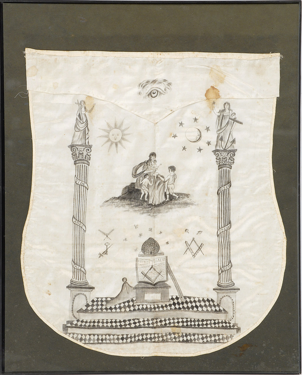 Appraisal: FRAMED MASONIC APRON Circa In white silk with monochrome pencil