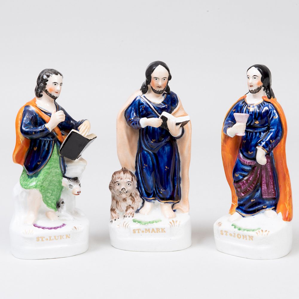 Appraisal: Group of Three Staffordshire Pottery Flatback Figures of Evangelists Comprising