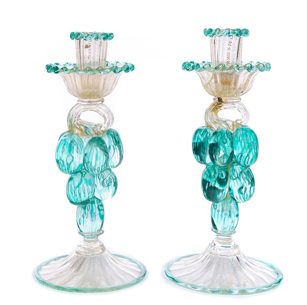 Appraisal: Venetian Murano Art Glass Candlesticks lip has been repaired Please