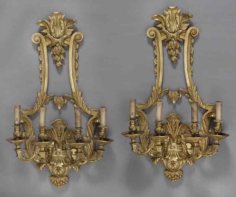 Appraisal: Pr Louis XVI style dore bronze light sconcesof lyre form