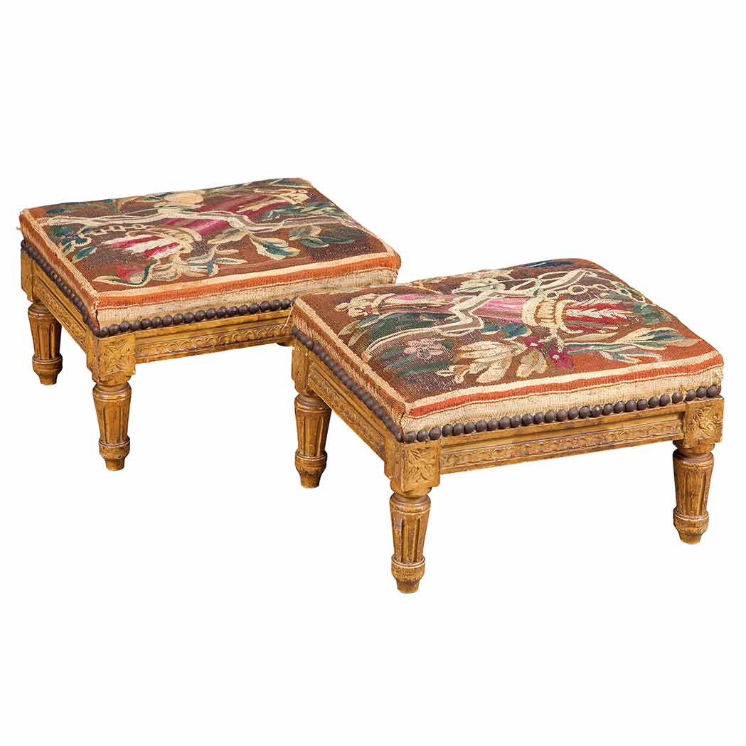 Appraisal: Pair of Louis XVI Style Painted Upholstered Taborets Each covered