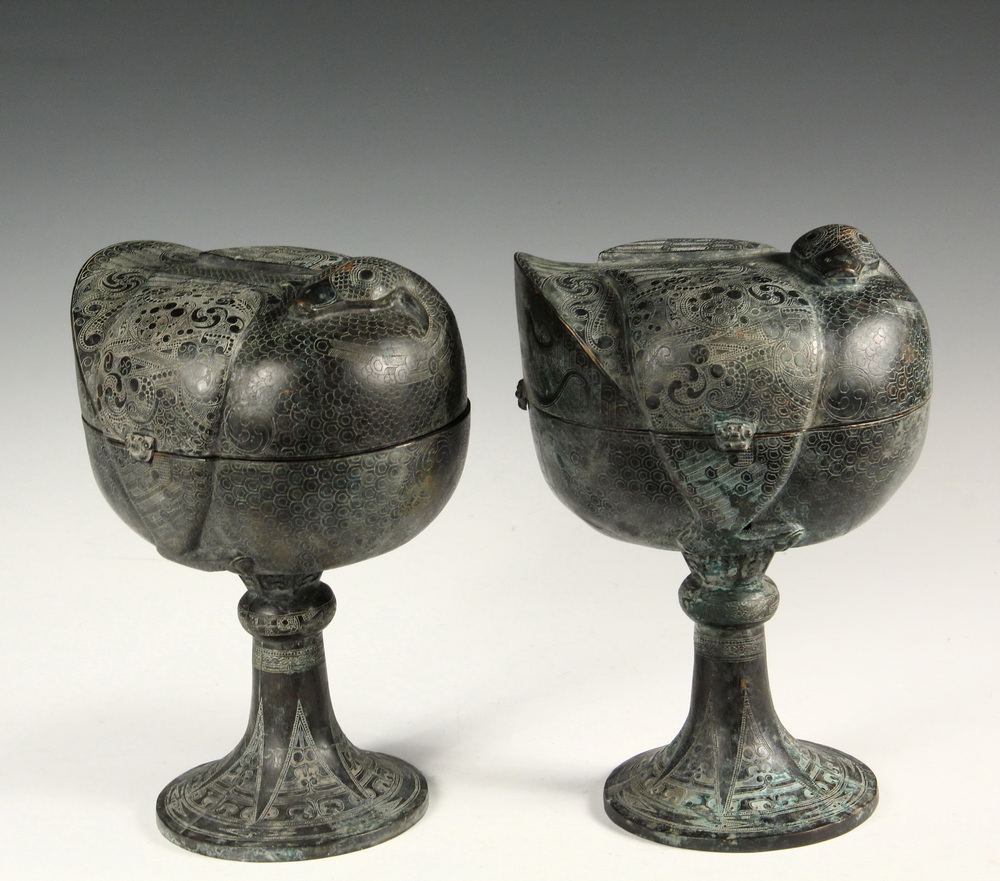 Appraisal: PAIR OF CHINESE BRONZE DOU - Ceremonial Covered Food Containers